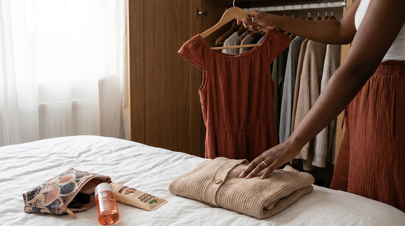 Hand pulling sleeveless dress from wardrobe while setting cardigan down on bed beside Bio-Oil